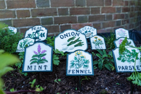 set of cast iron and vegetable herb signs