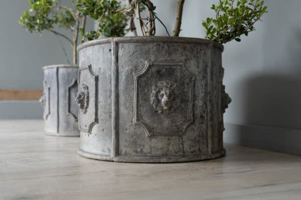 Pair Circular Lead Planters with Lion Mask detail - Image 2