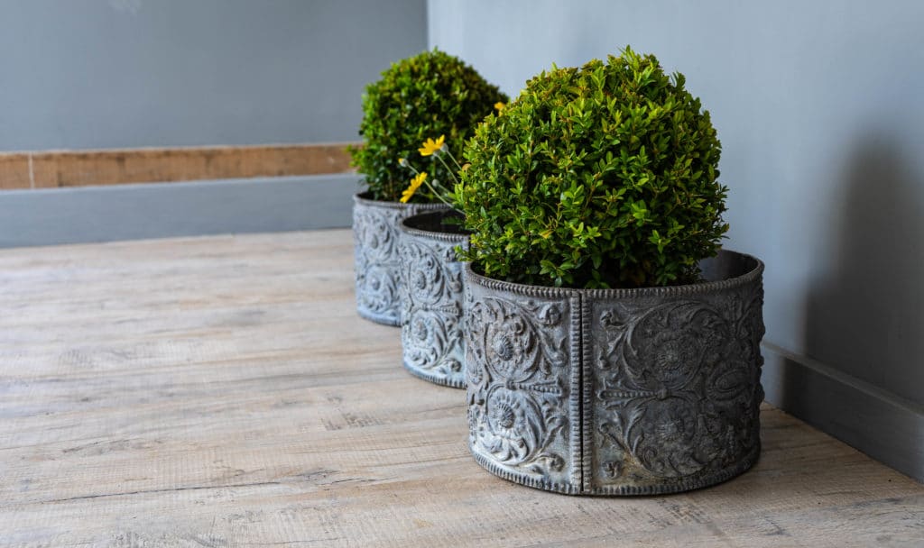 Highly decorative trio of circular lead planters DGA by Tina Bird
