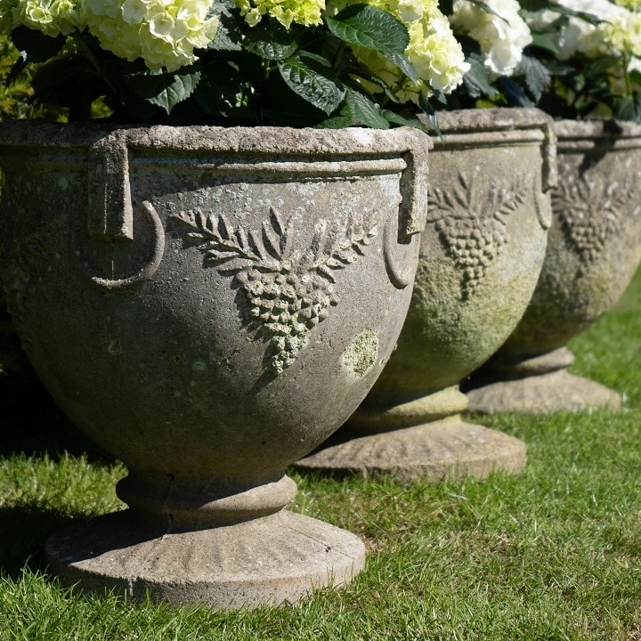 set of three cast stone antique garden planters for sale