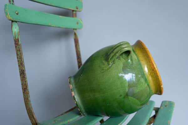 glazed antique French confit pot in green and yellow