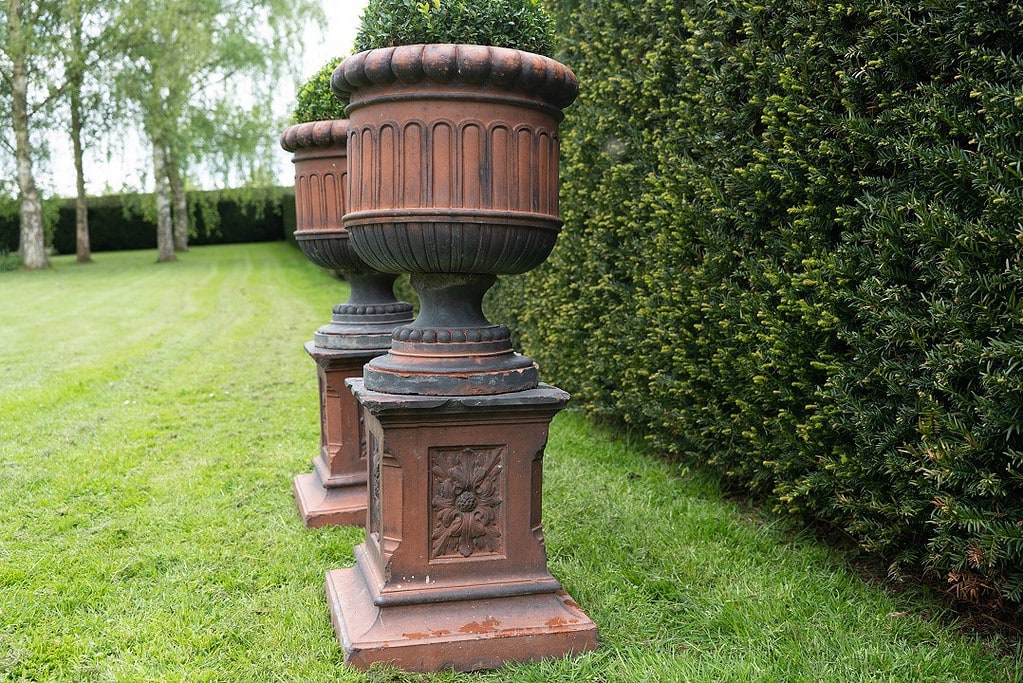 Pair of antique Terracotta Urns on Plinths DGA by Tina Bird