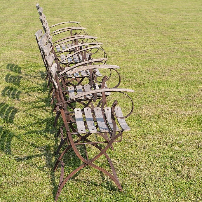 vintage iron and wood slatted French garden folding chairs for sale