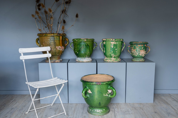 Antique pottery from France with green glazing