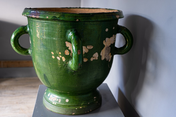 antique French terracotta pottery with green glazing
