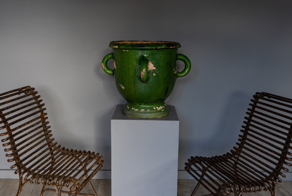 four handled antique green pot or vase from France