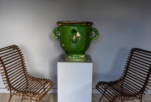 four handled antique green pot or vase from France redone