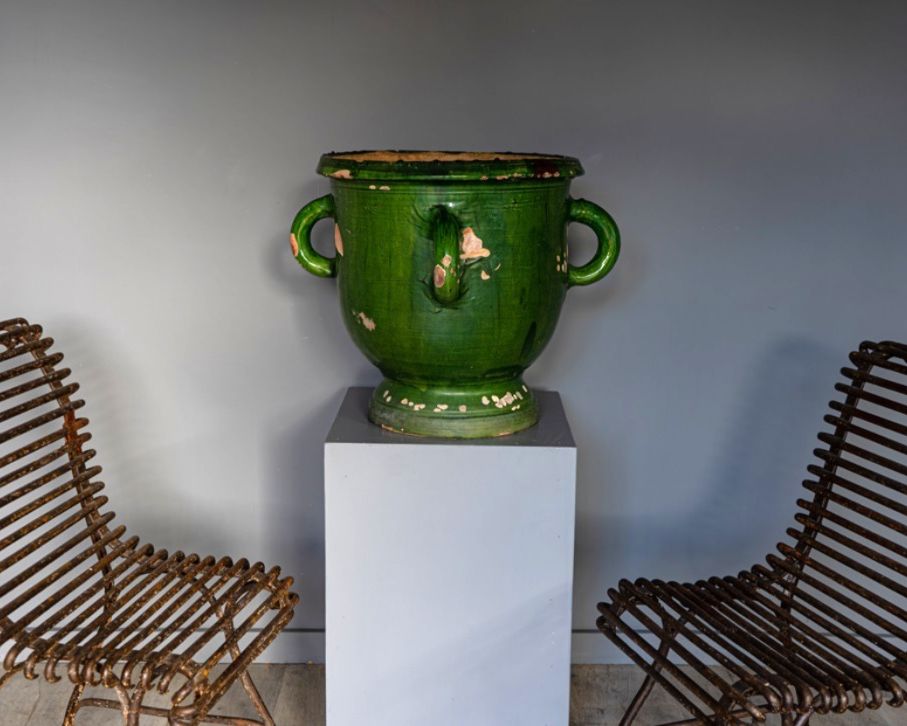 four handled antique green pot or vase from France redone