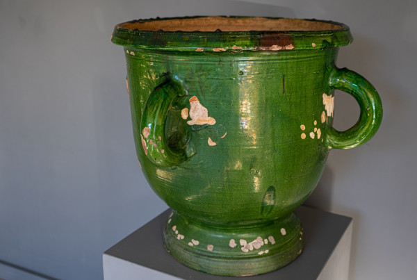 large antique green glazed terracotta French pottery with four handles