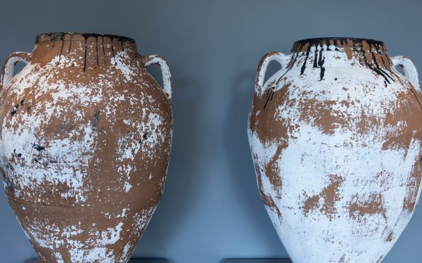 a pair of antique style olive jars