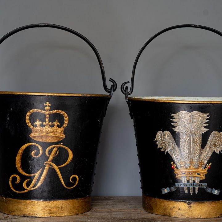 Prince of Wales painted buckets with the Royal cypher and Prince of Wales plumes