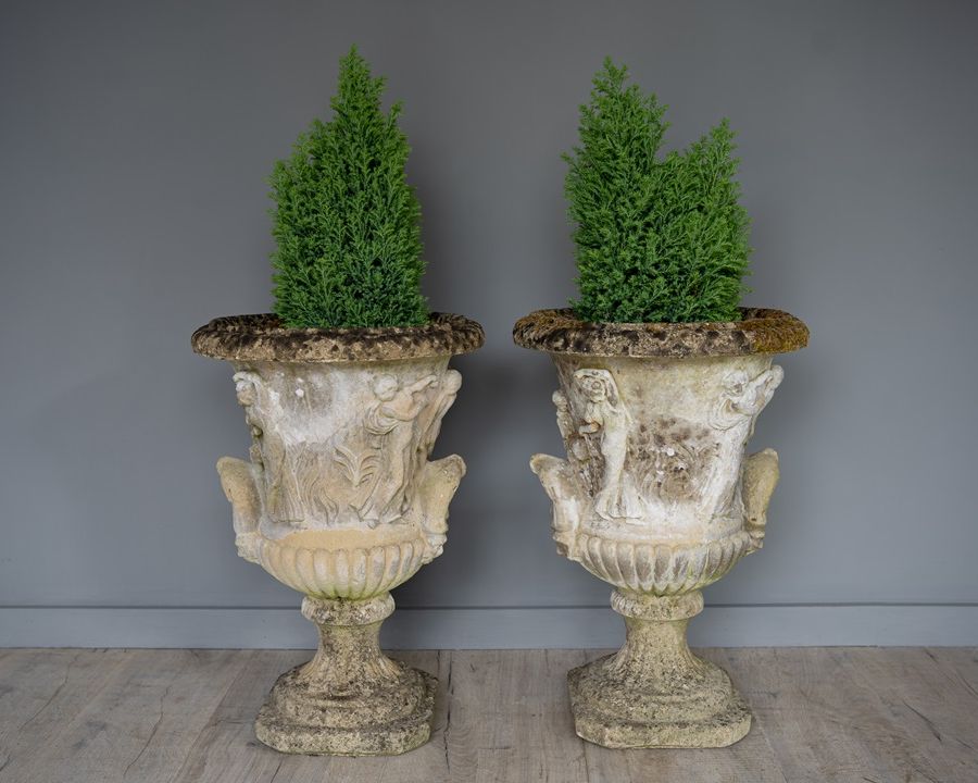 decorative cast stone pair of antique urns