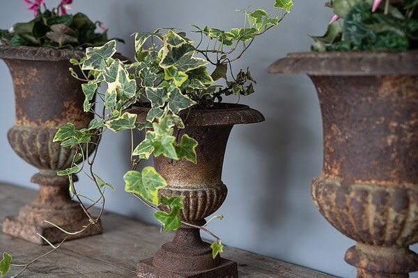 set of antique petite cast iron decorative urns