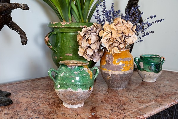 a pair of antique green glazed French confit pots