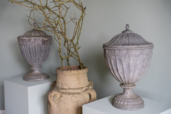 near pair of antique decorative garden lead urns