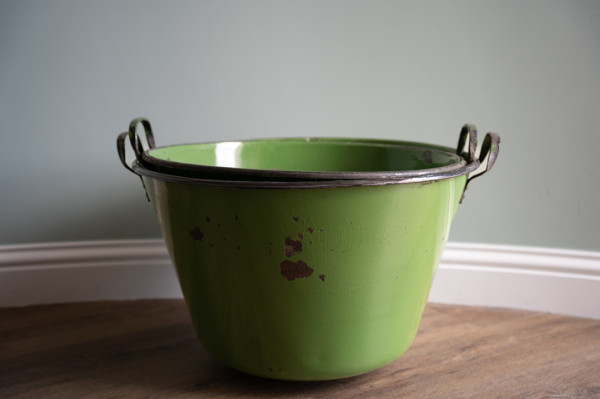 a near pair of green enamel vintage galvanise pots for the garden