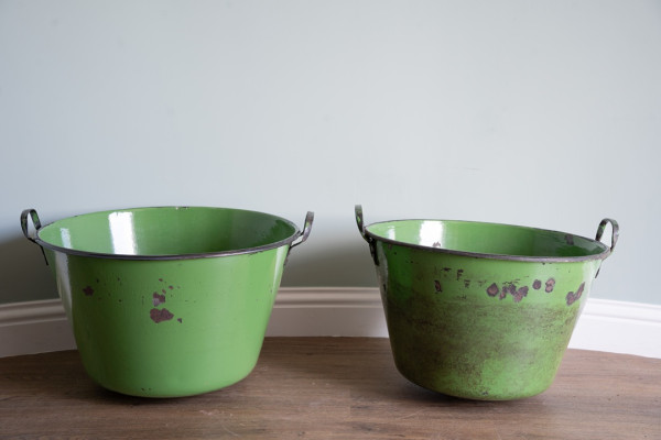 a pair of green vintage galvanised pots