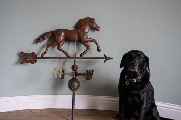 garden with copper and brass weathervane