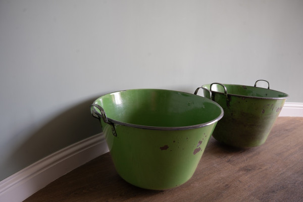 large pair of vintage green enamel pots