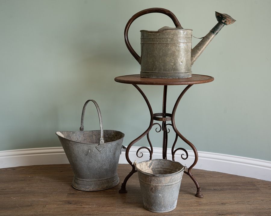 set of antique galvanised garden pots and pans