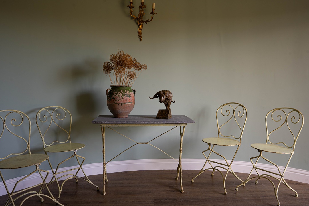 set of four antique garden folding chairs with matching table