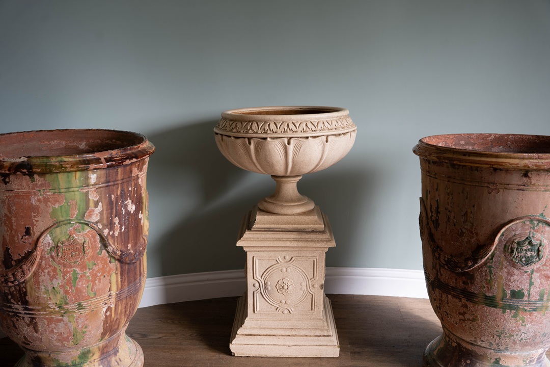 LEFCO terracotta antique garden urn with plinth