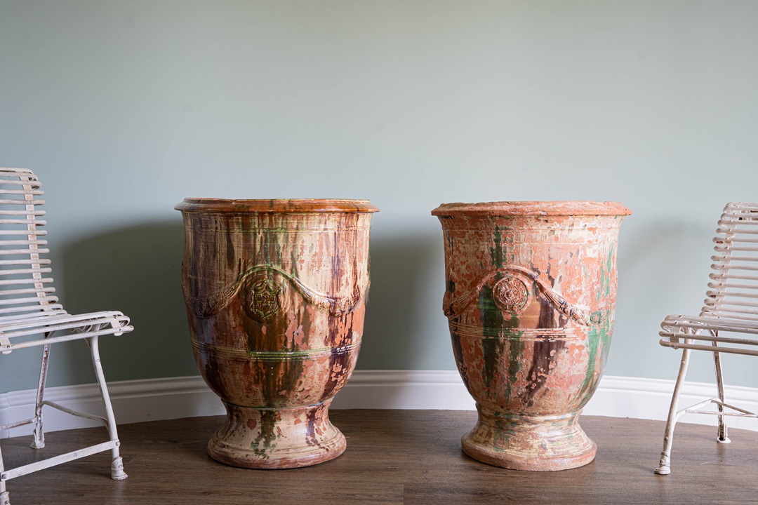 decorative antique French terracotta glazed large vases