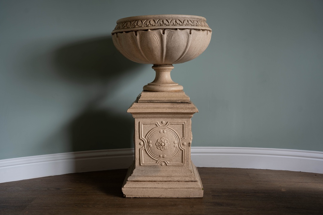 glazed buff terracotta antique garden urn with plinth for sale
