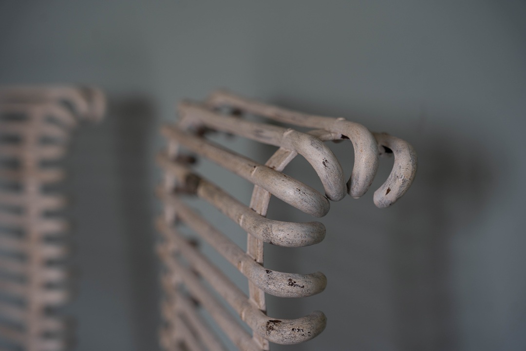 set of four restored white saint sauveur Arras garden chairs with horses hoof feet