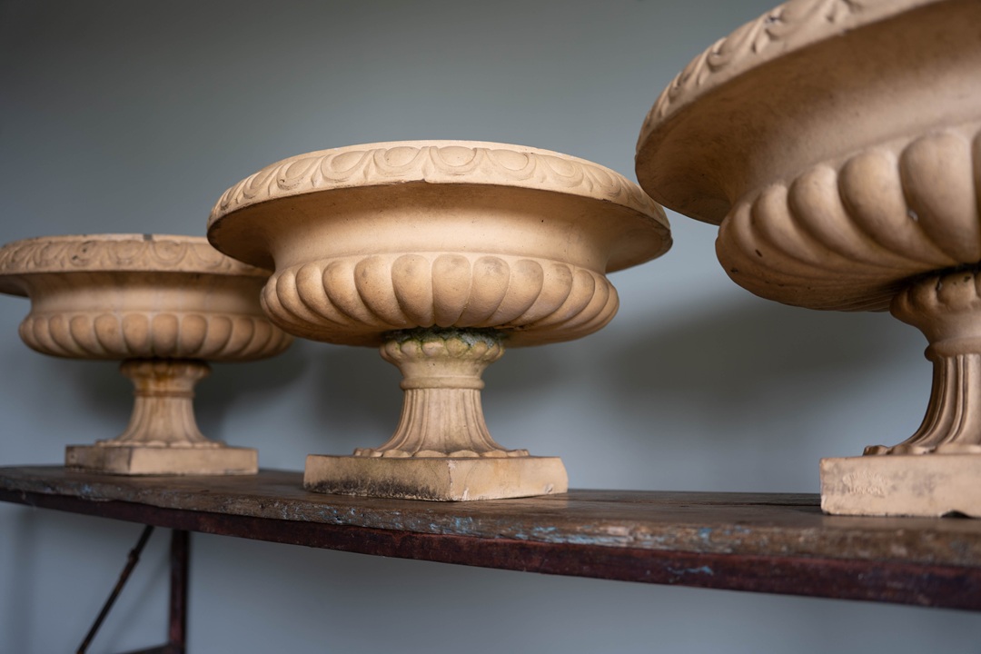 trio of antique terracotta John Stiff and Sons buff terracotta garden urns