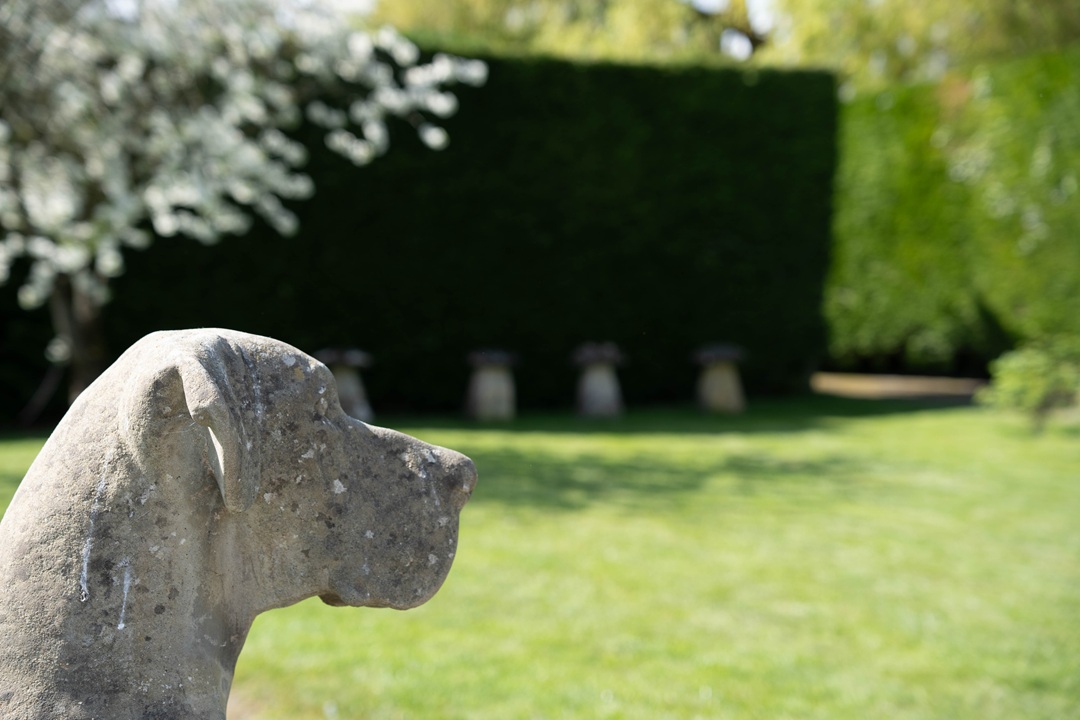 a very large ornamental garden dog statue