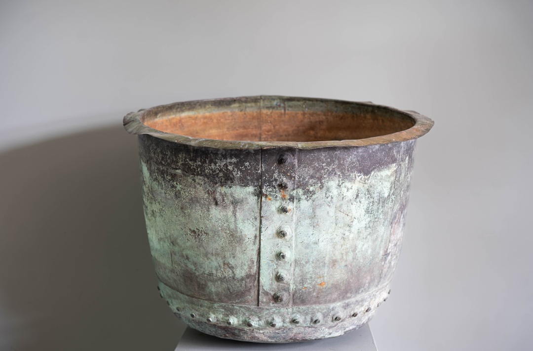 antique riveted copper pot planter