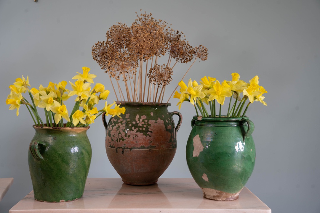 antique green coloured French confit pots