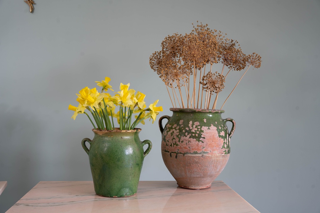 antique green confit pots from Southern France