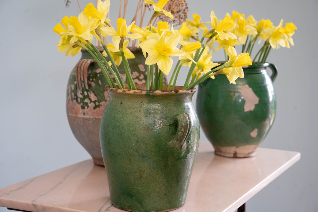 trio of antique green glazed French confit pots