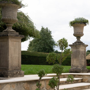 pair antique garden urns on plinths